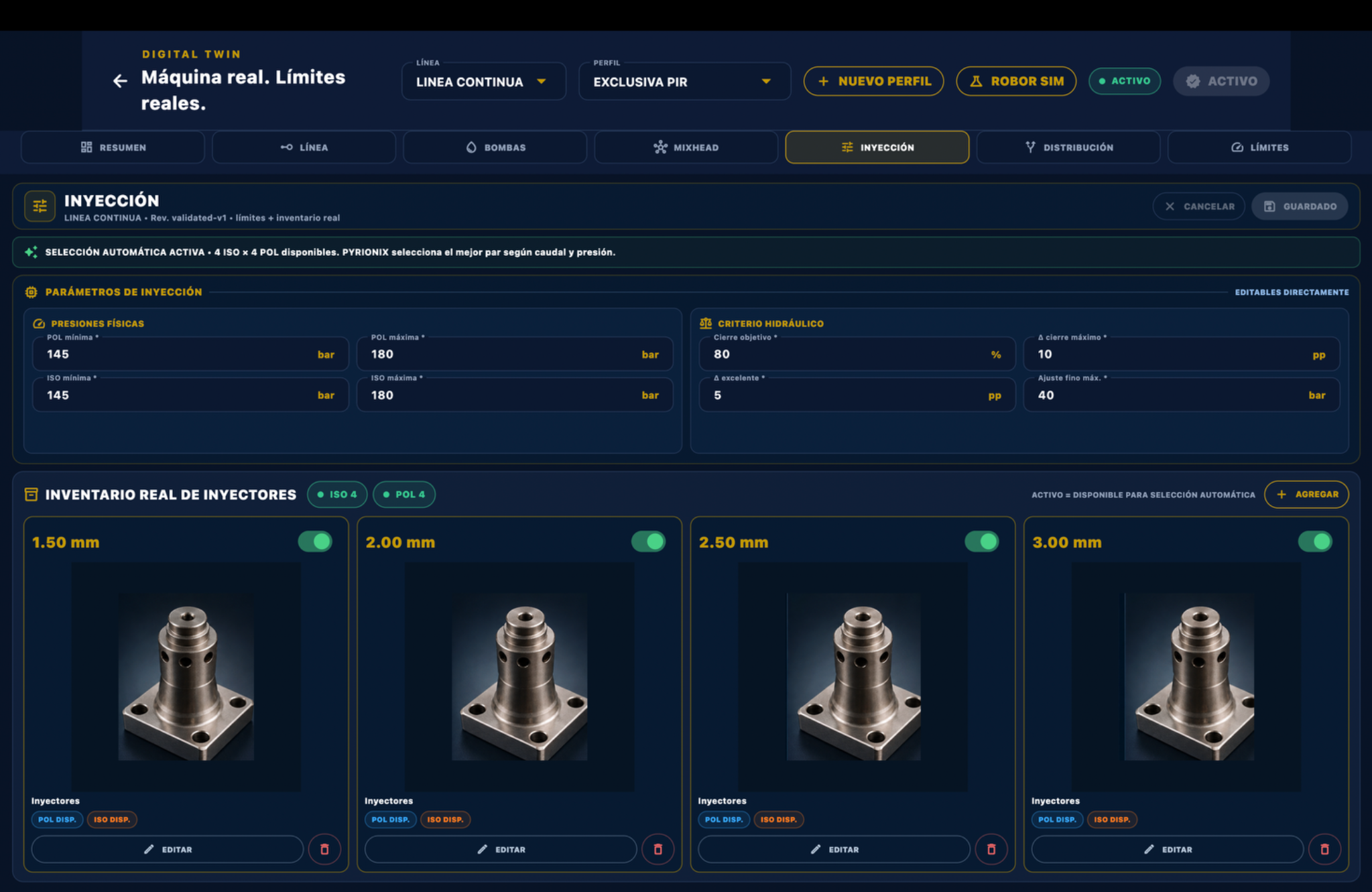 Parámetros hidráulicos e inventario de inyectores disponibles