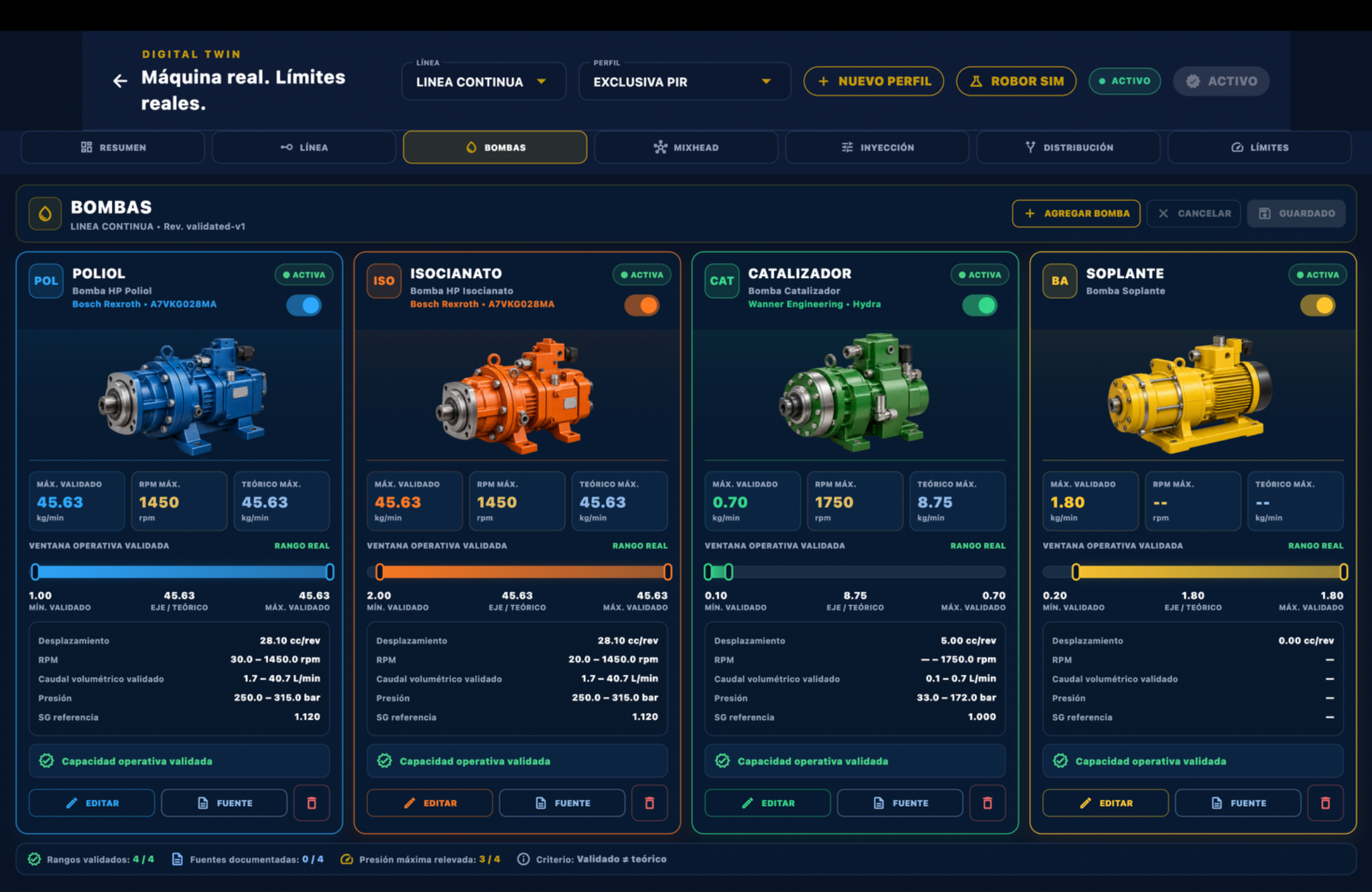 Configuración real de bombas de poliol, isocianato, catalizador y soplante