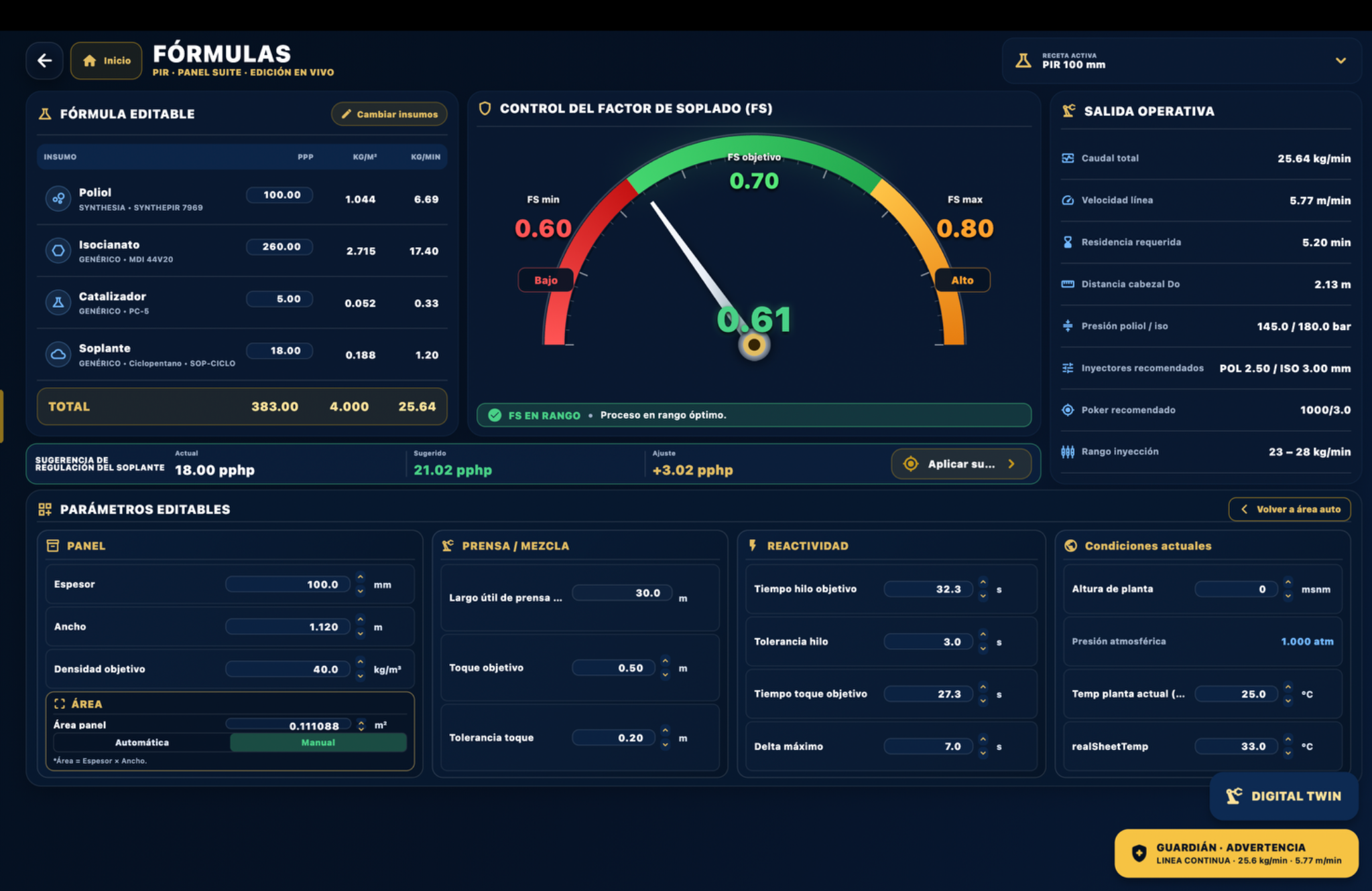 Pantalla de Fórmulas con receta editable, factor de soplado y parámetros de planta